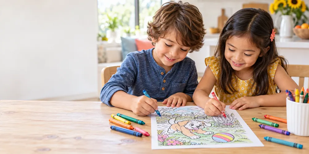 Two children coloring at the kitchen table