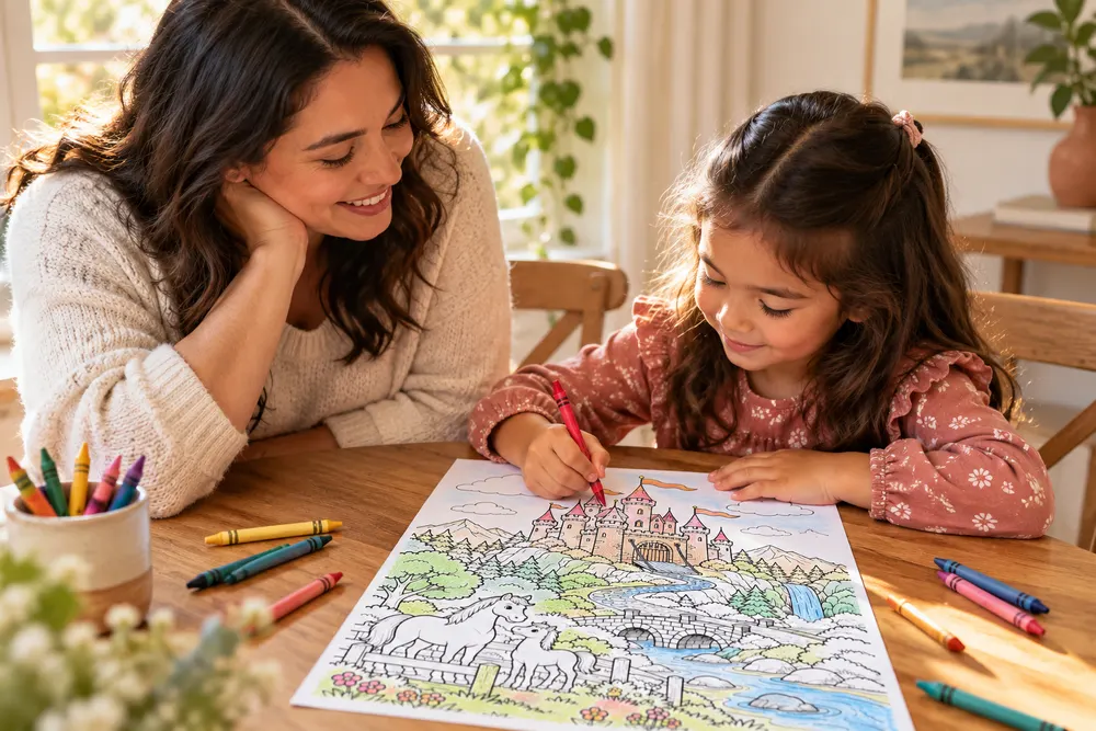 A mother watching her daughter color