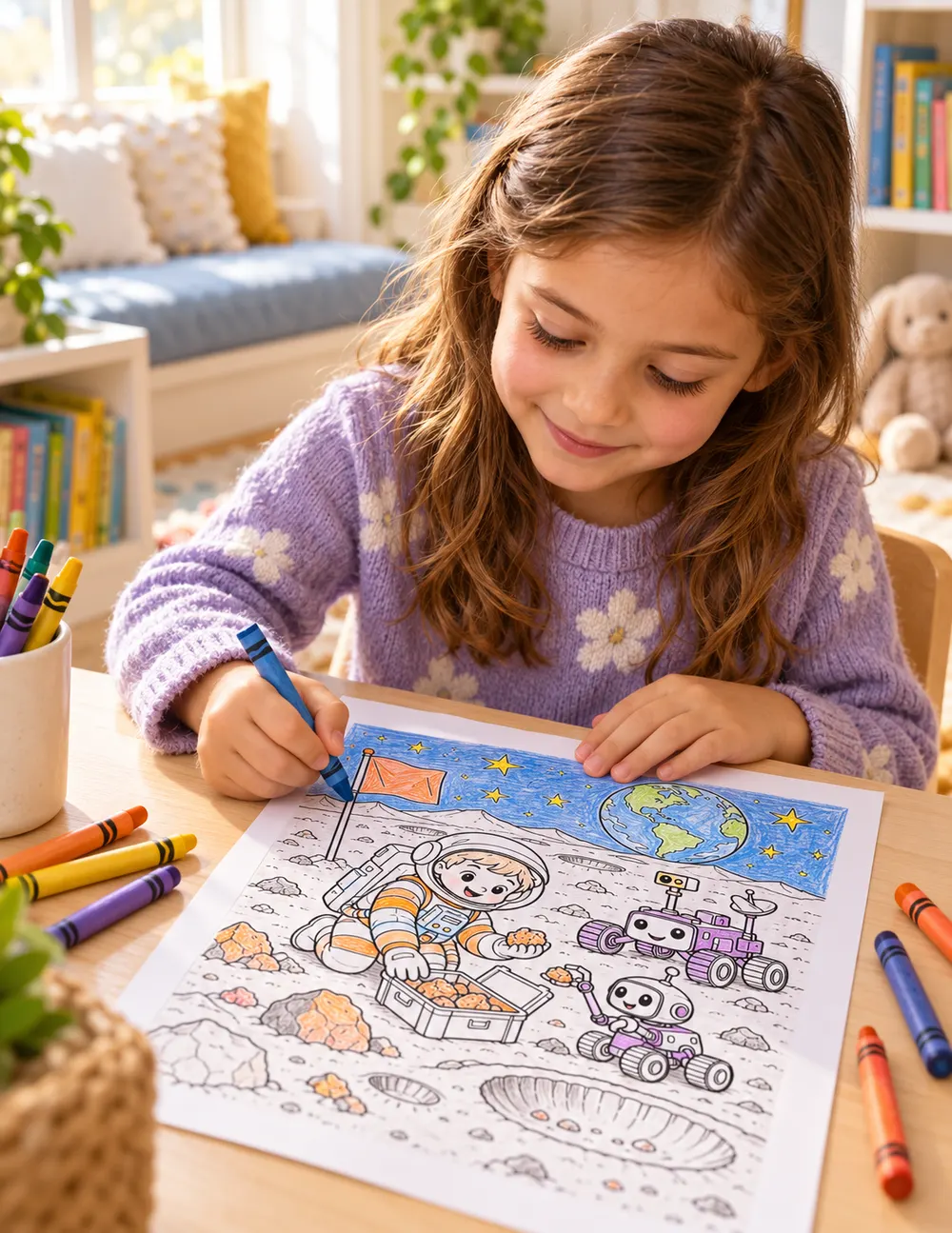 A girl coloring the space page