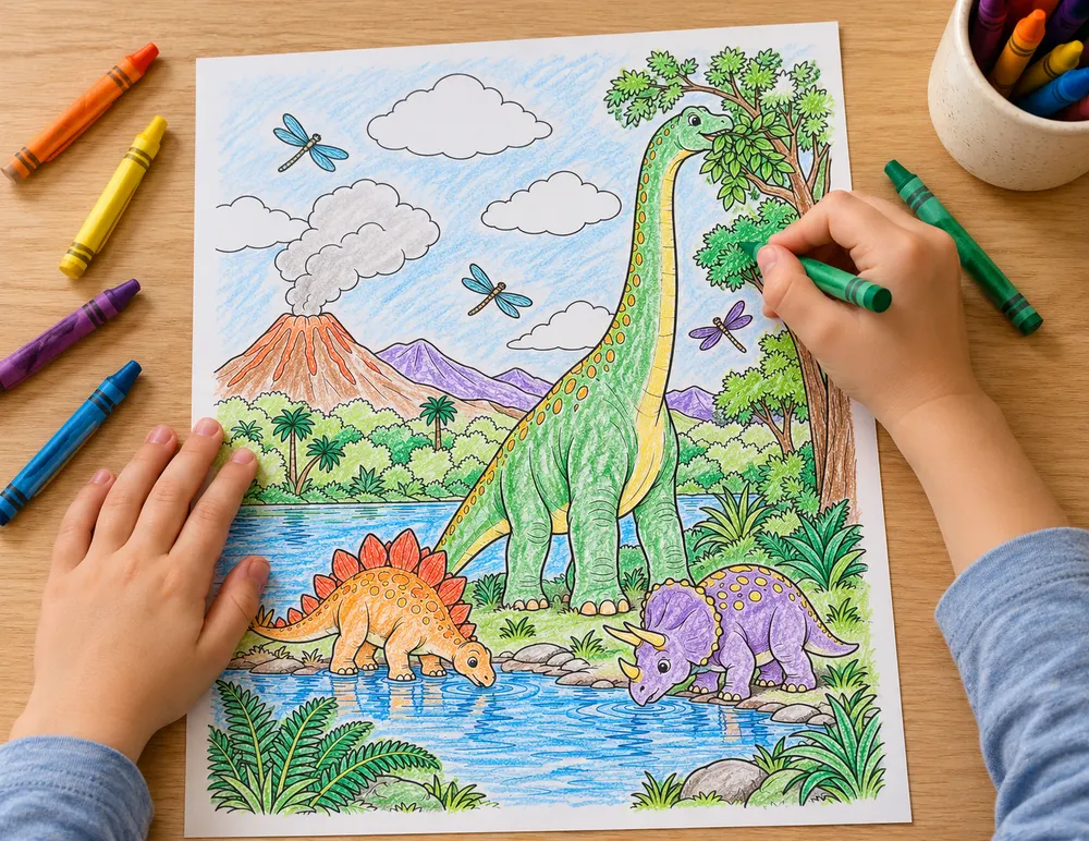 Coloring the dinosaur page with crayons